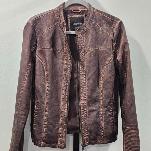 Maurices Faux Leather Moto Short Jacket Brown Size Large Zip Up Biker - Picture 10 of 16
